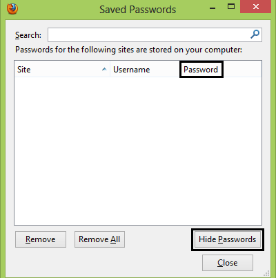 Saved Passwords List